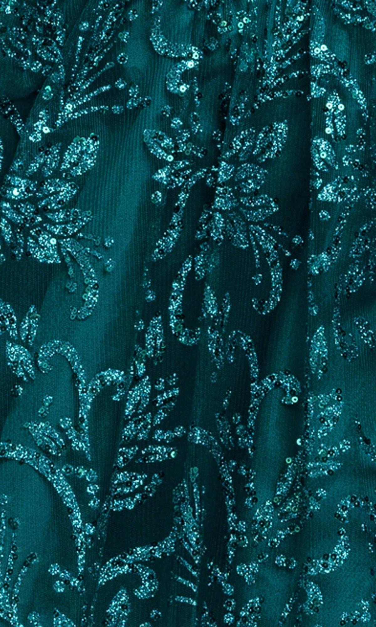 Close-up of teal fabric with shiny sequin floral patterns, perfect for the Teal Glitter Mini Hoco Dress: Blondie Nites 6219BN. Ideal for homecoming or a chic lace-up corset look.